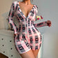 European And American Jumpsuit Deep V-neck Bow Plaid Printed Long Sleeve One-piece Pajamas