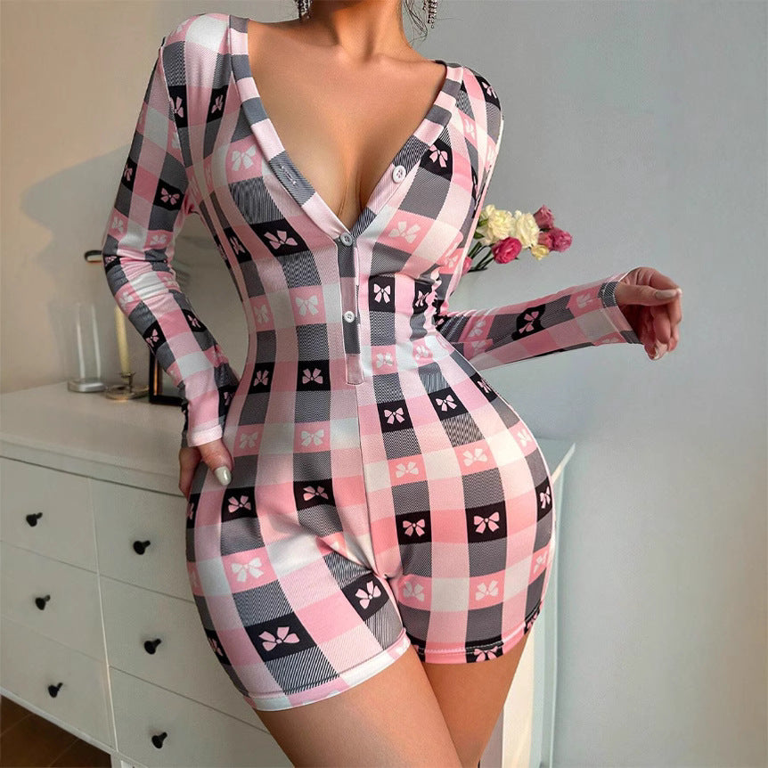 European And American Jumpsuit Deep V-neck Bow Plaid Printed Long Sleeve One-piece Pajamas
