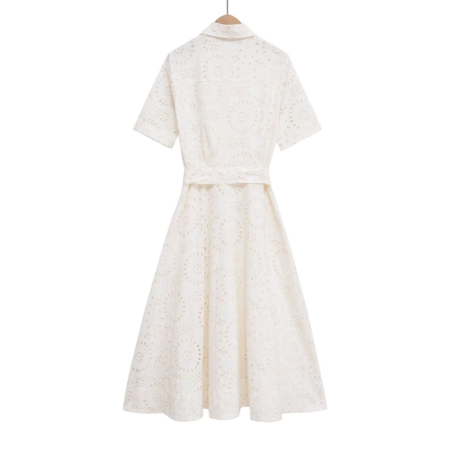Poplin Shirt-style Lace-up Embroidery Dress