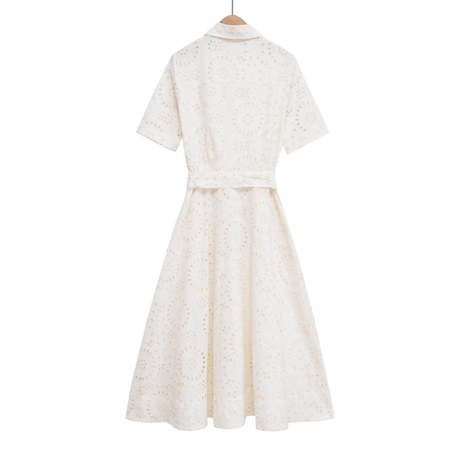 Poplin Shirt-style Lace-up Embroidery Dress