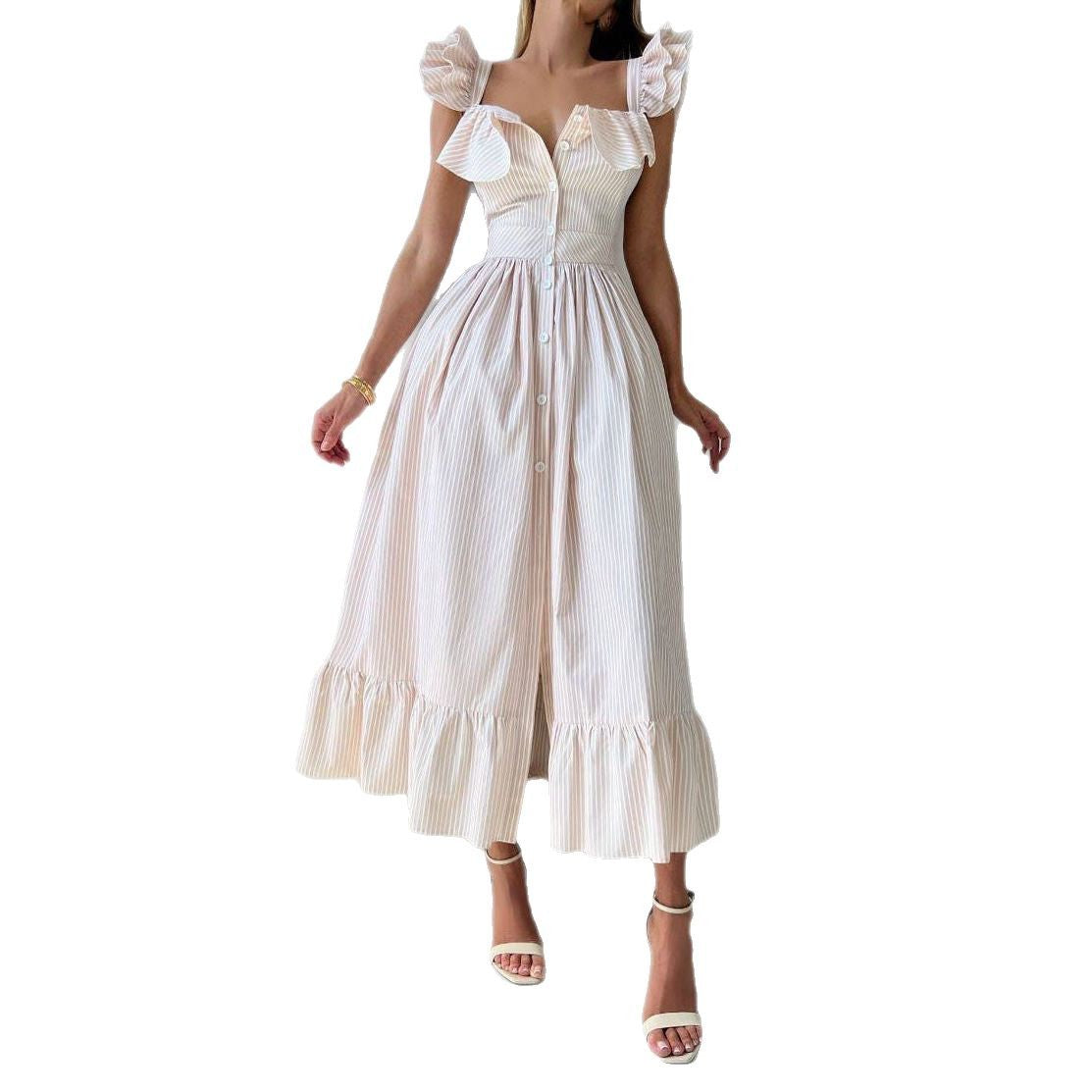 Striped Ruffles A- Line Waist Fitted Dress