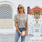 Women's V-neck Pleated Printed Short-sleeved T-shirt