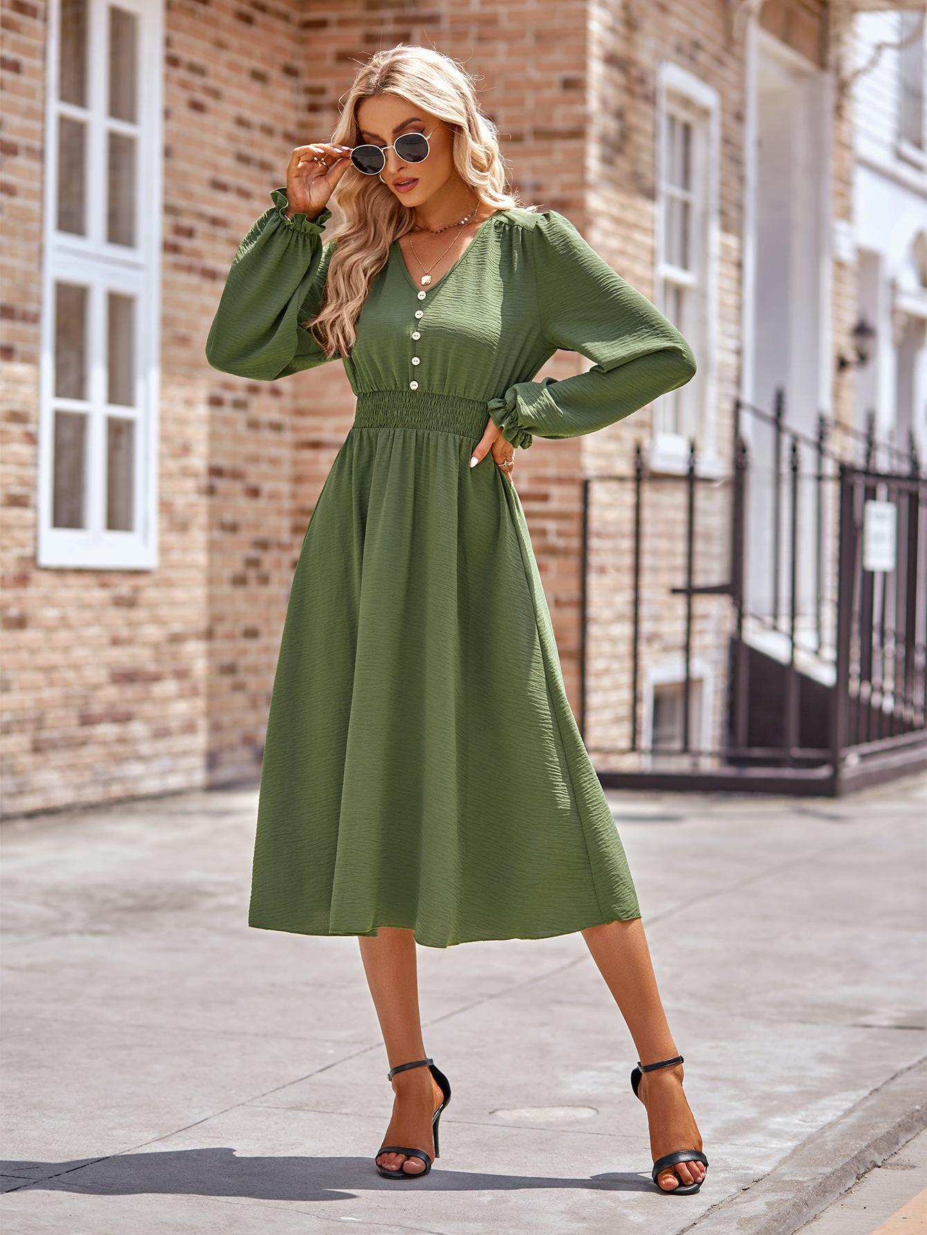Robe mi-longue unie à col en V et taille serrée pour femme, automne et hiver