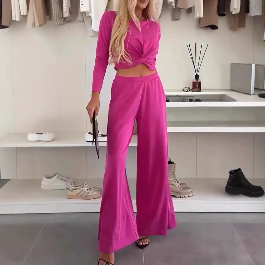 Solid Color O-neck Short Top T-shirt Wide Leg Pants Casual Suit