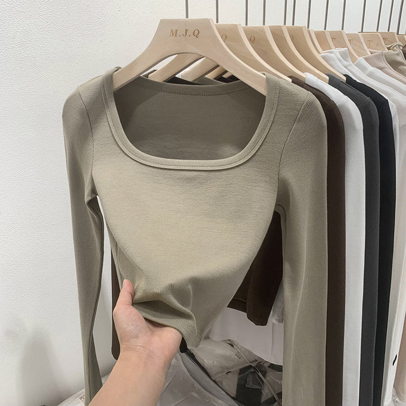 Solid Color Square Collar Bottoming Shirt Long Sleeve