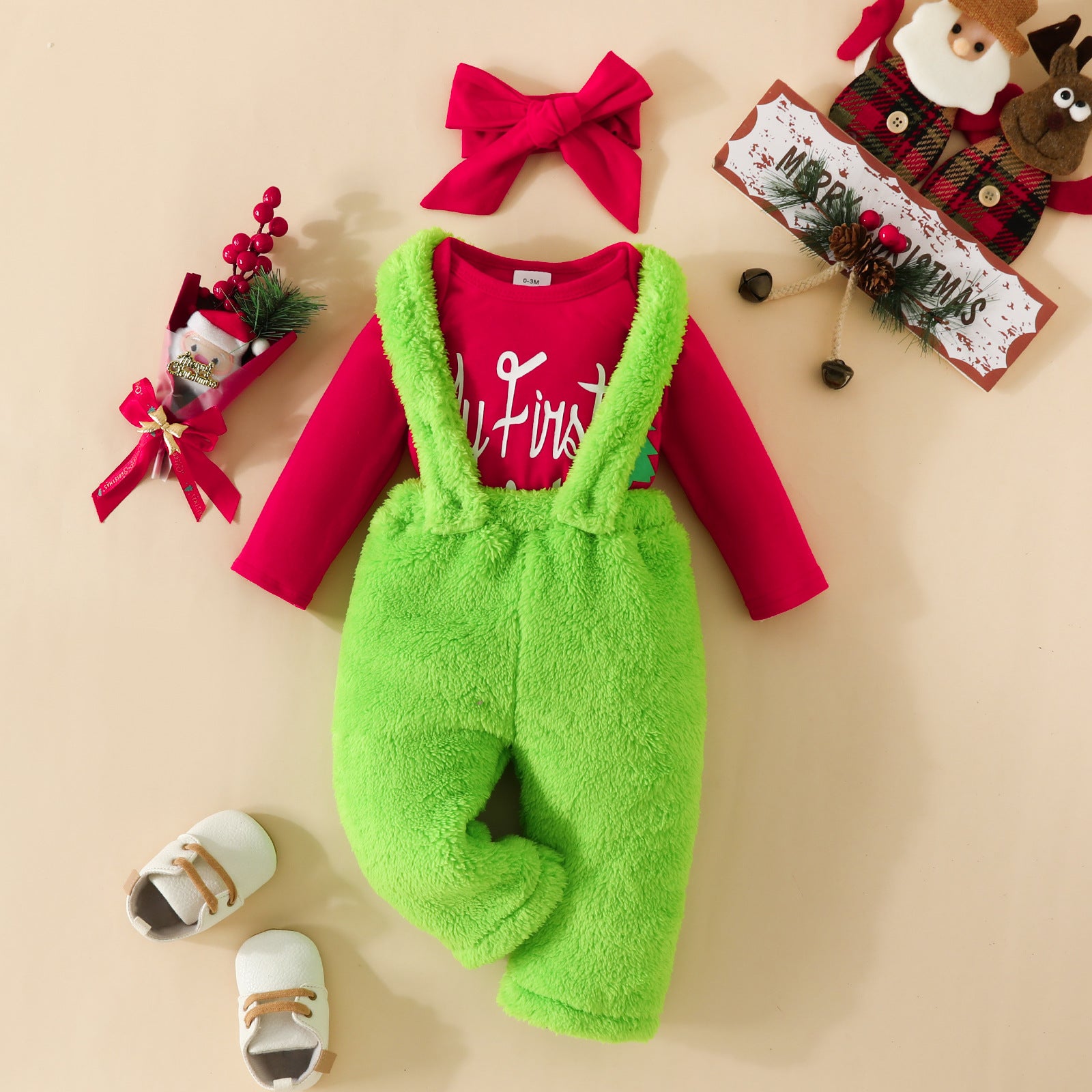 Christmas Style Suit Letters Long-sleeve Jumpsuit Green Furry Bib Headscarf Three-piece Set