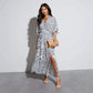 Printed Long Short Sleeve Printed V-neck Dress
