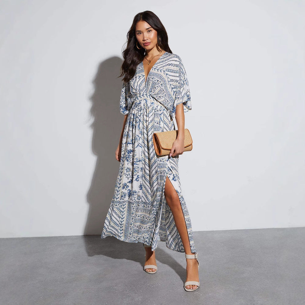 Printed Long Short Sleeve Printed V-neck Dress