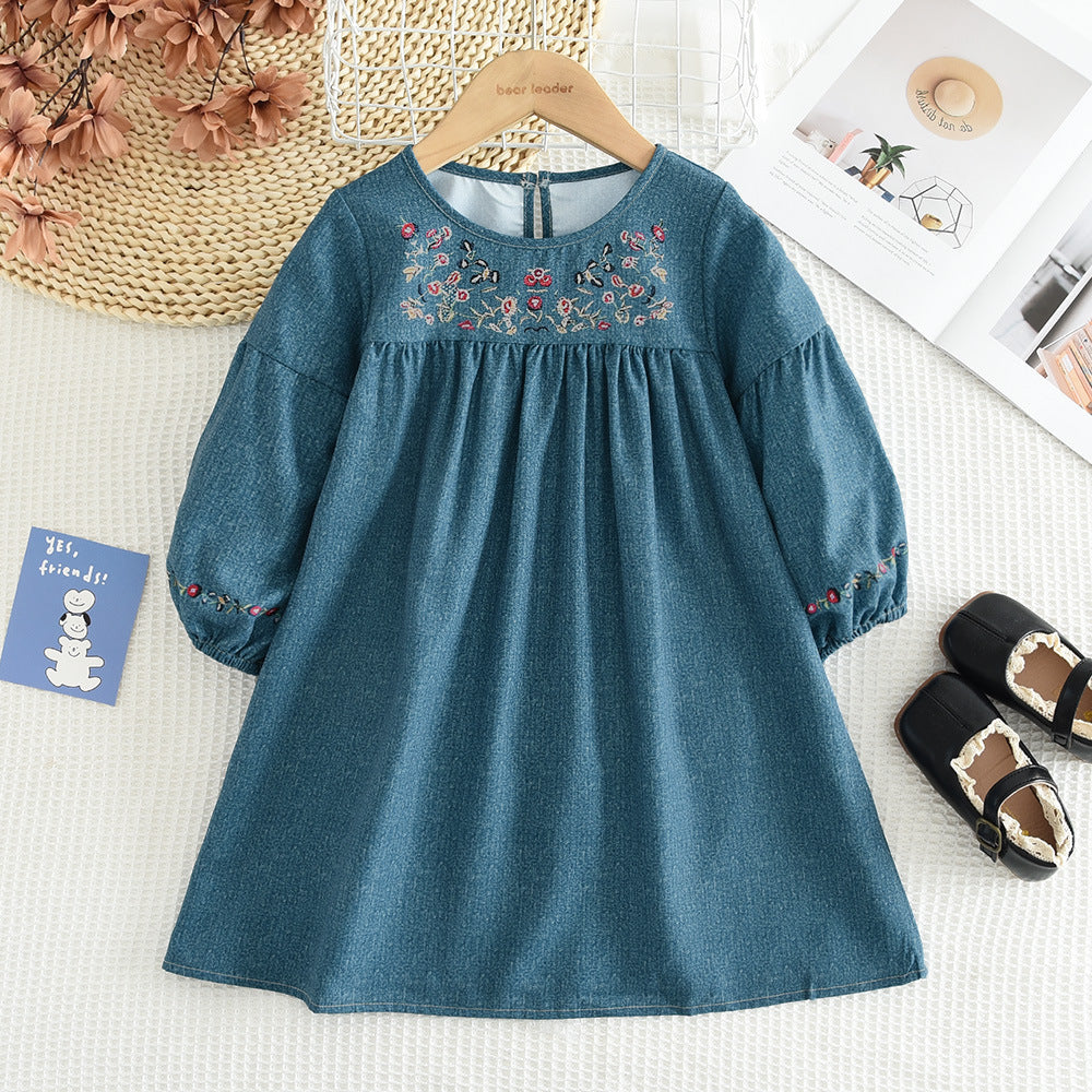 Robe en jean brodée printemps-automne pour fille