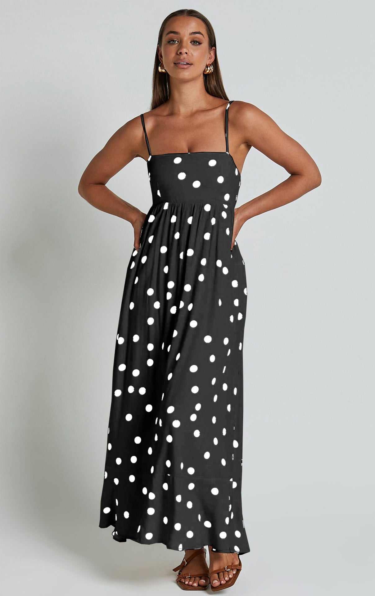 U-collar Tight Waist Large Skirt Polka Dot Print Dress
