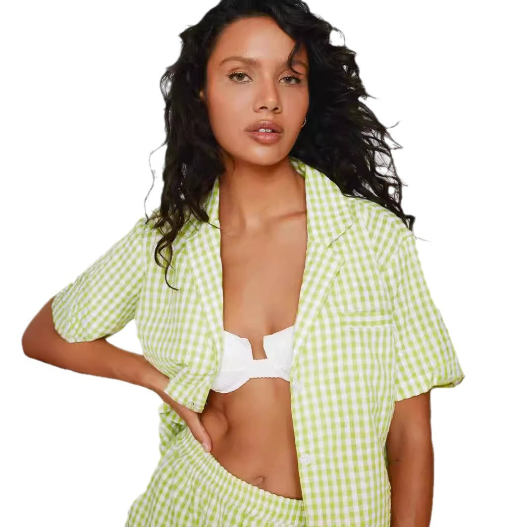 Pajamas Plaid Printed Women's Shirt Suit