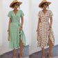 Women's Bohemian Cross V-neck Tie-shoulder Floral Long Dress