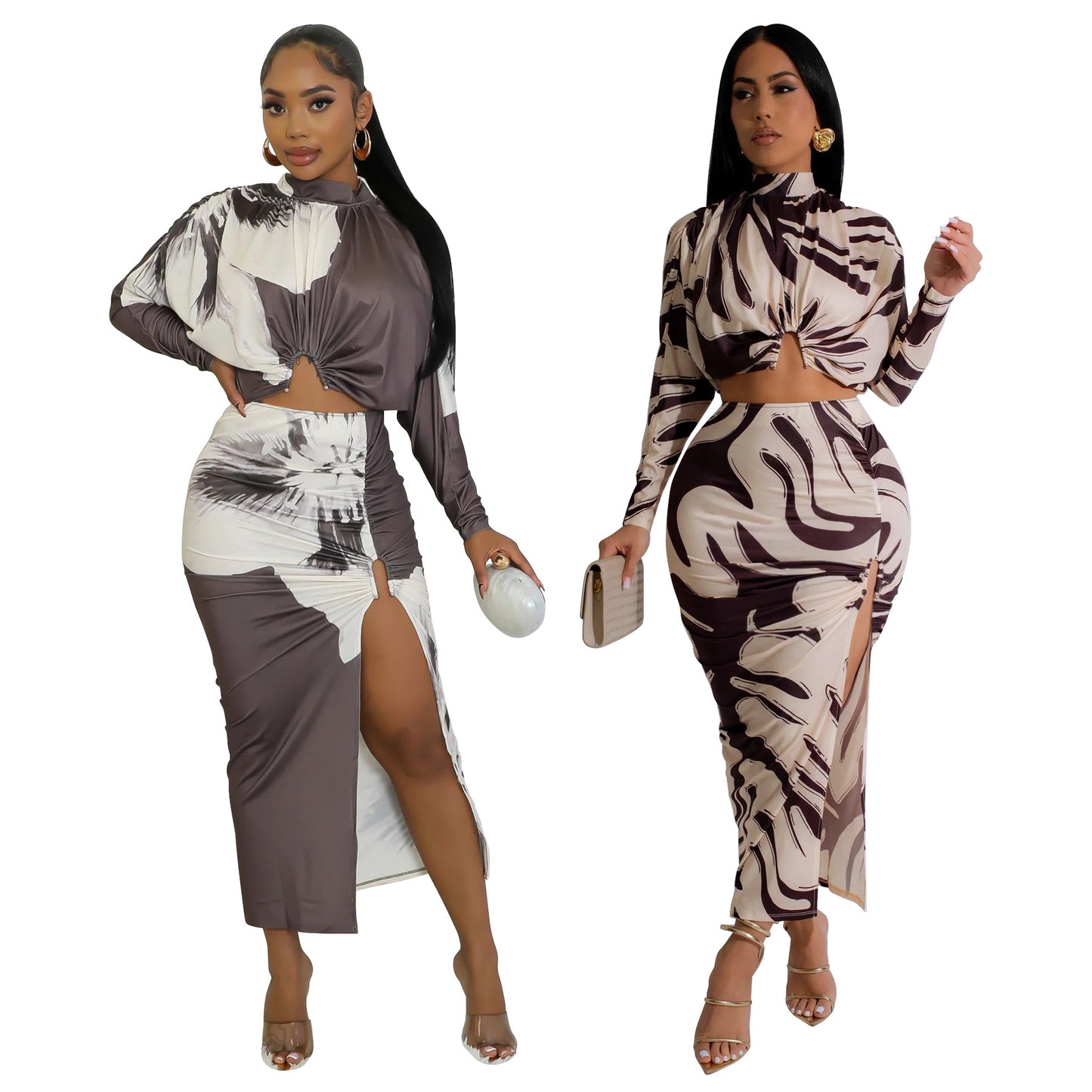 Printed Printed Long-sleeved Skirt Two-piece Set