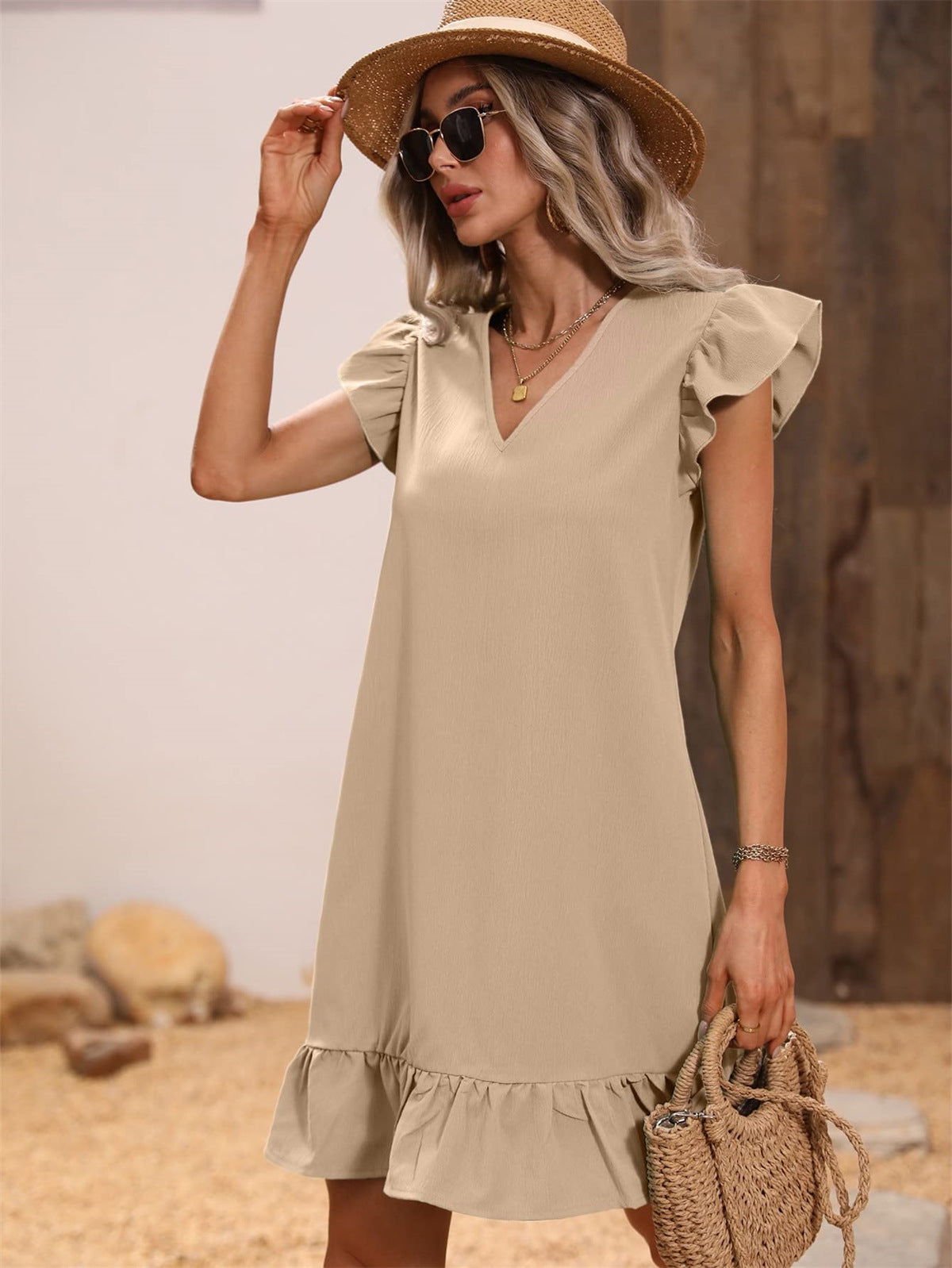Women's V-neck Ruffle Loose Waist Short Sleeve Dress