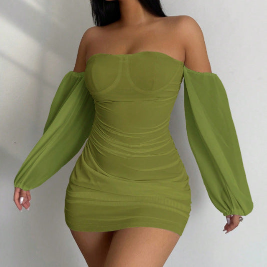 Off-neck Dress Long Sleeve Pullover Hip
