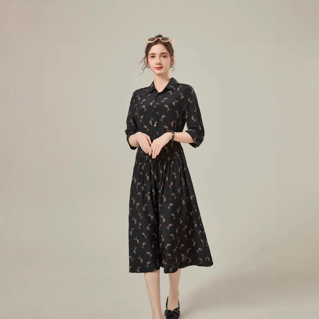 Floral Mid-length Shirt Silk Dress