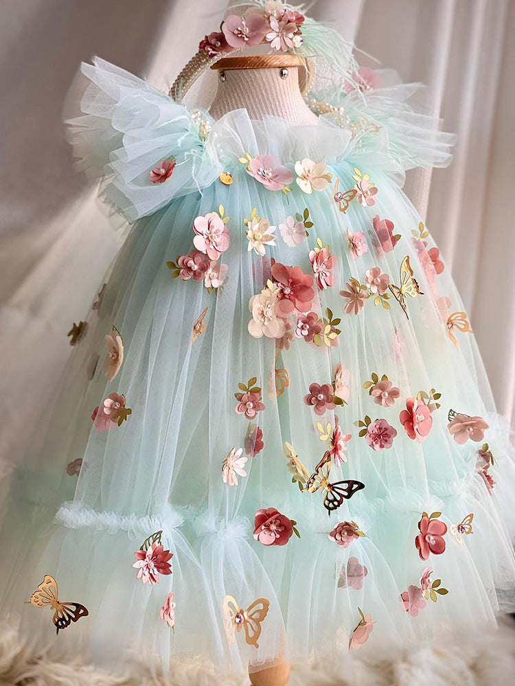 Robe de princesse Lolita pour fille avec motif de fleurs brodées et papillons