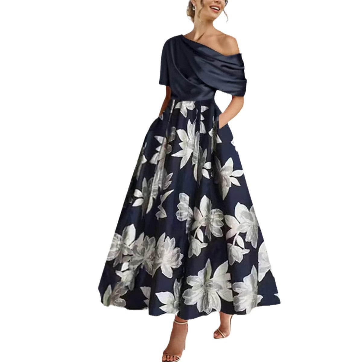 Small Dress One-shoulder Printed Slim Fit Large Swing Dress