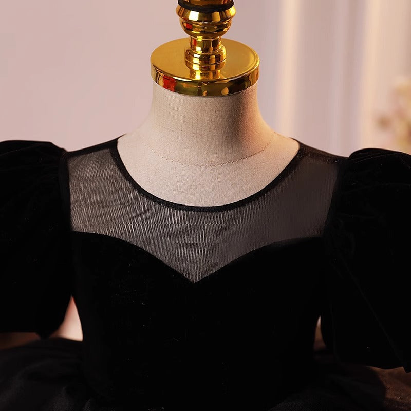 Children's Black French Style Puff Sleeve Princess Dress Summer Girls