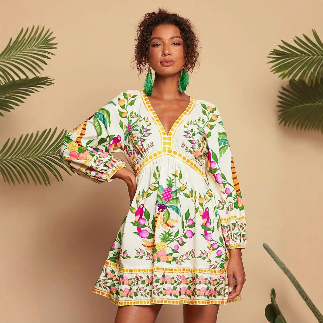 V-neck Printed 34 Sleeves Mini Dress