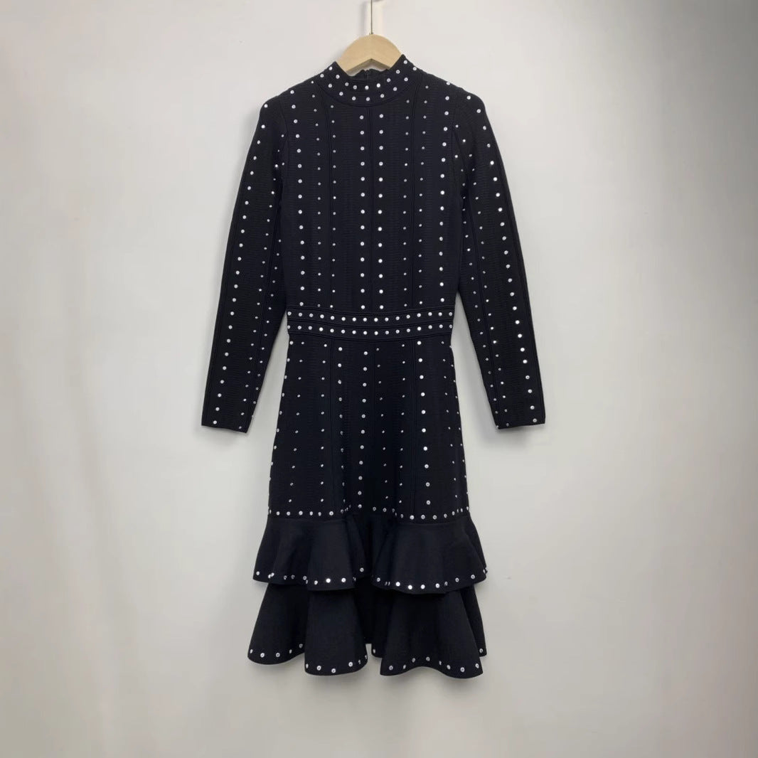 Sequined Ruffles Waist Trimming Knitted Dress