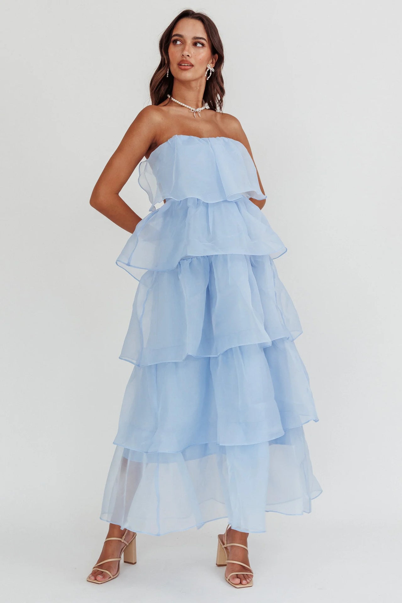 Pure Color Ruffles Suspender Layered Dress