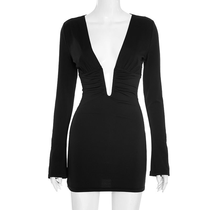 Deep V Hollow-out Long Sleeve Pleated Waist-tight Hip-wrapped Skirt Dress