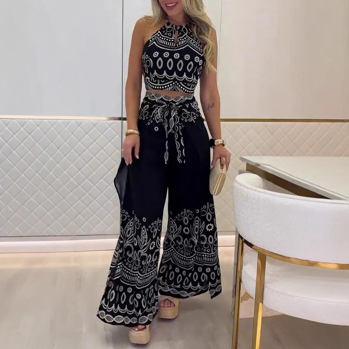 Ethnic Style Halter Top Wide Leg Pants Suit