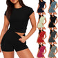 Solid Color Slim Shirt Top High Waist Shorts Suit