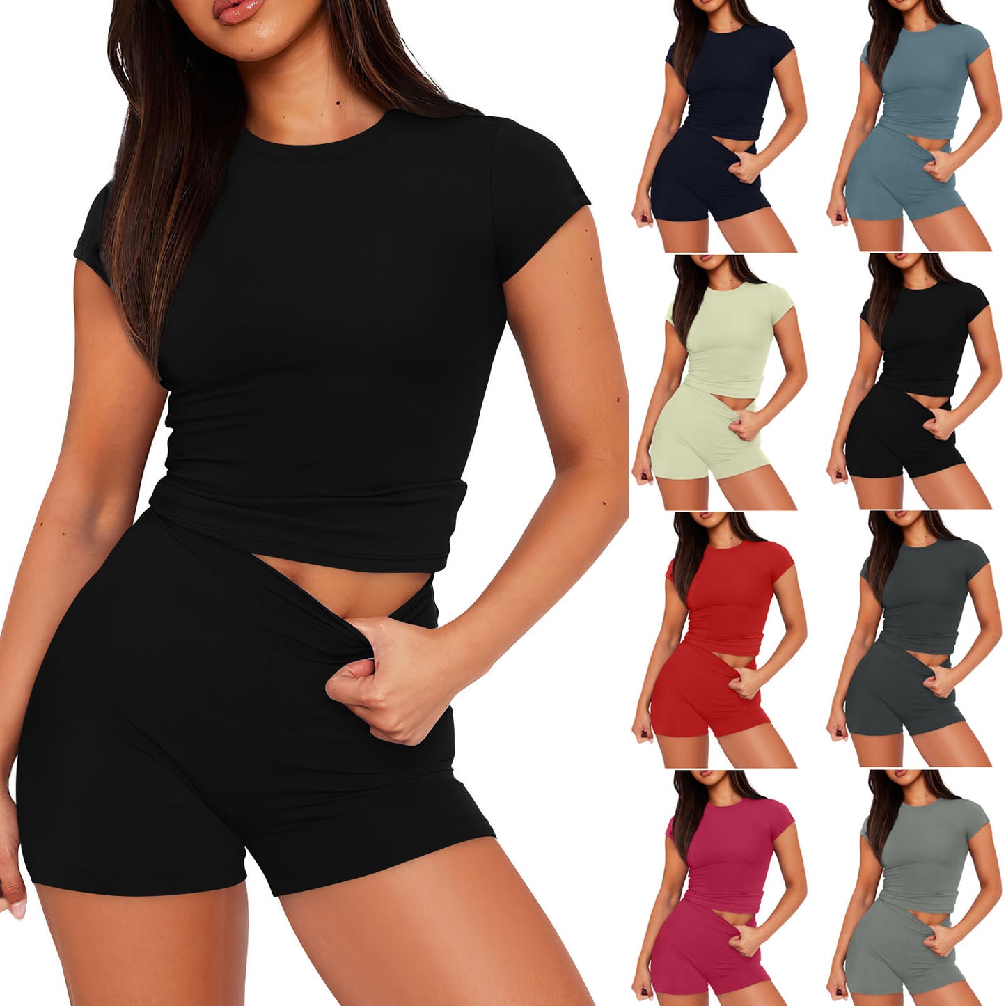 Solid Color Slim Shirt Top High Waist Shorts Suit