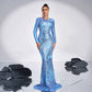 European And American High-end Long Sleeve Temperament Crew Neck Long Sequined Banquet Evening Dress