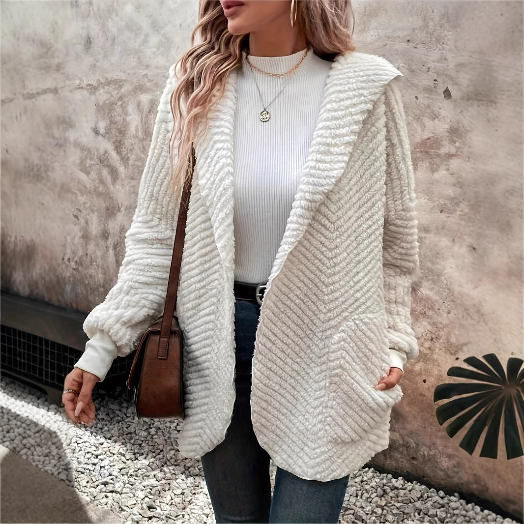 Cardigan à capuche en velours double face à motif ondulé décontracté