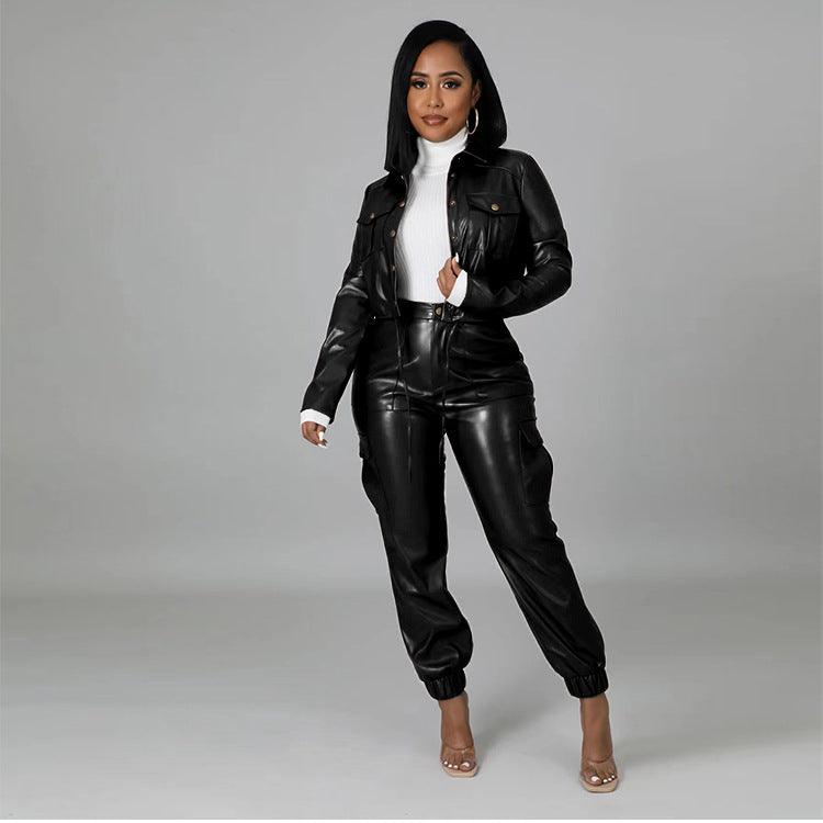 Fashion Slim PU Leather Fleece Trousers Overall Suit