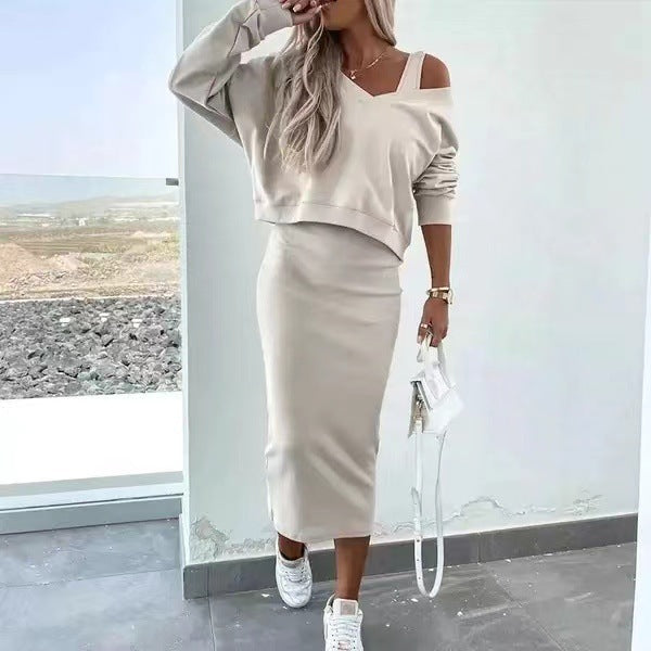 European And American Women's Clothing Vest Skirt V-neck Sweatshirt Sweater Set