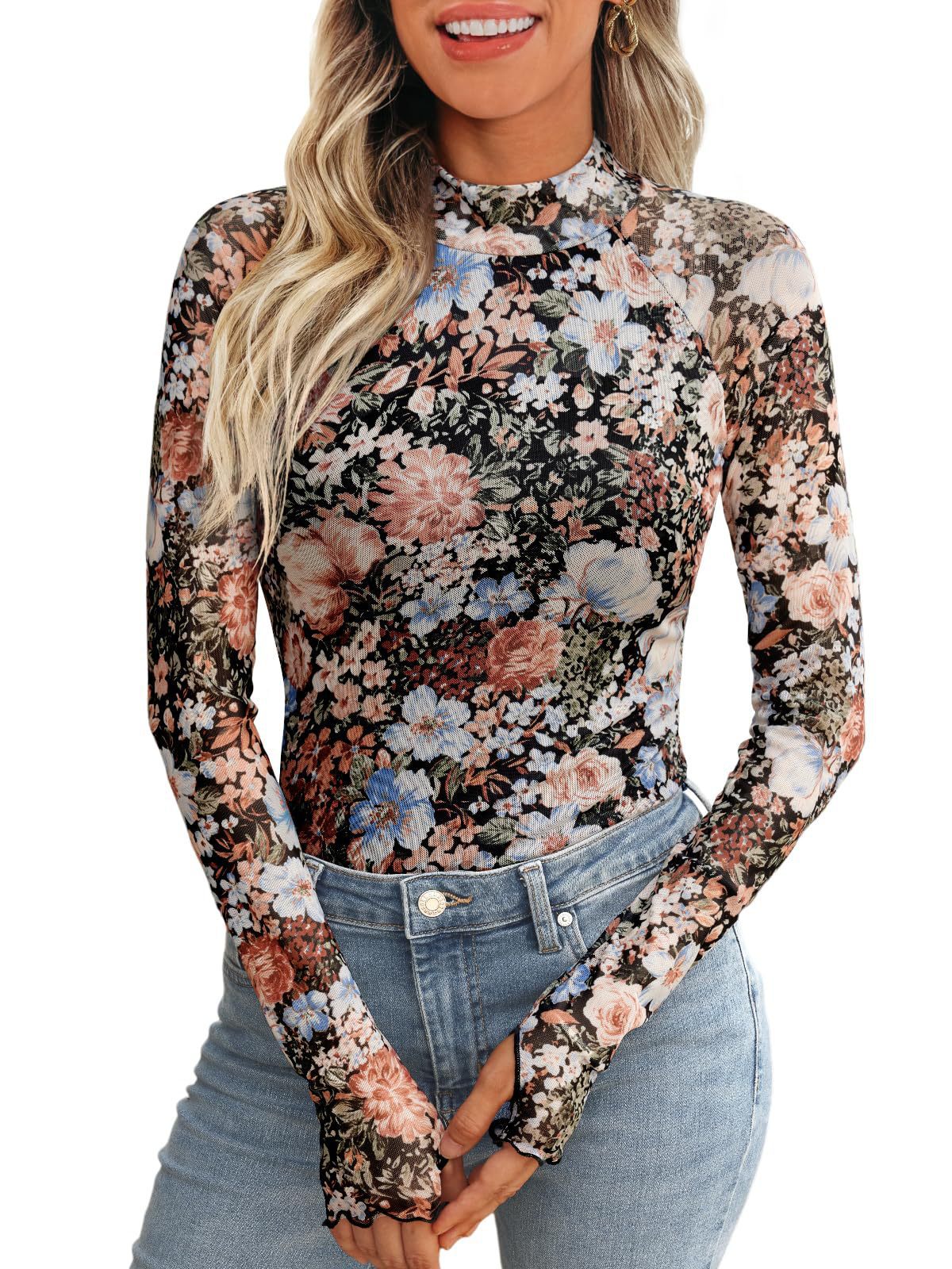 New Mesh Printed Tape Thumb Hole Turtleneck Long Sleeve Bottoming Shirt