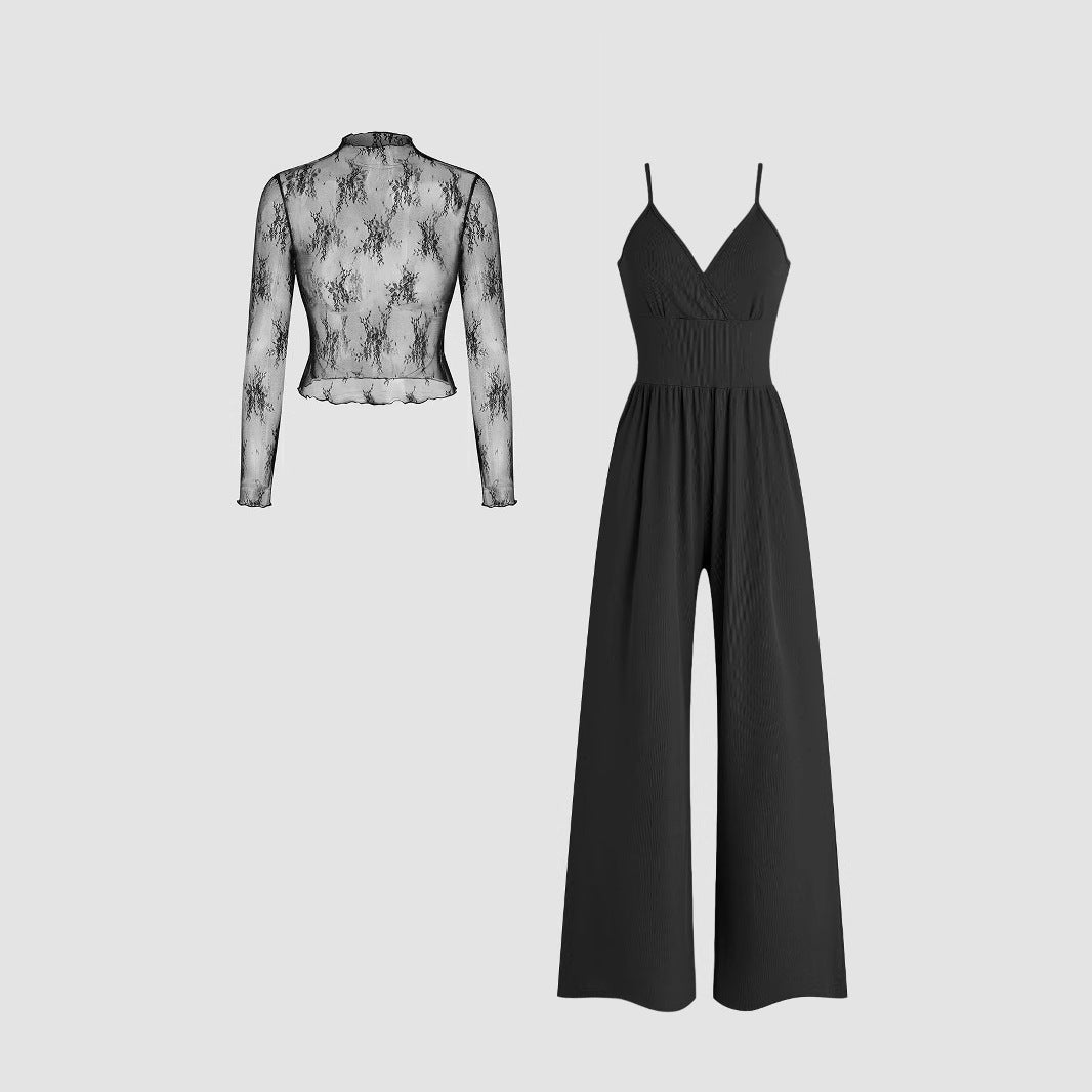 Lace Long Sleeve Sling Slim Fit Bodysuit V-neck Wide Leg Suit