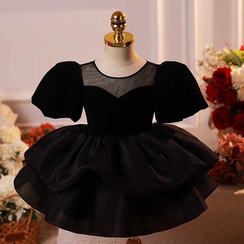 Children's Black French Style Puff Sleeve Princess Dress Summer Girls