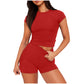 Solid Color Slim Shirt Top High Waist Shorts Suit
