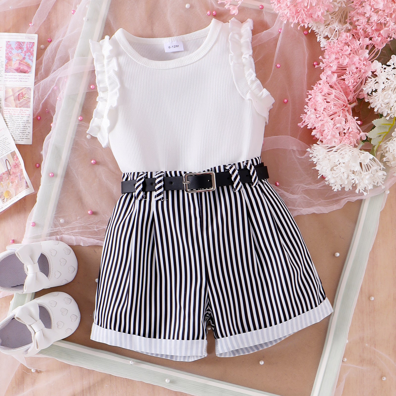 Girls' Pink Sunken Stripe Vest Shorts