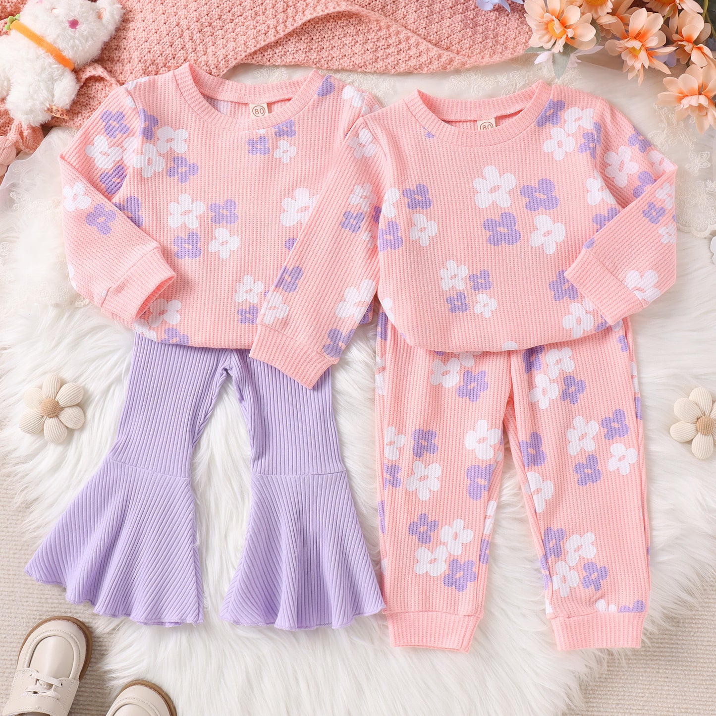 Creative All-match Girls' Long Sleeve Waffle Printing Suit