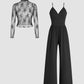 Lace Long Sleeve Sling Slim Fit Bodysuit V-neck Wide Leg Suit