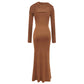Robe de soirée plissée à col rond et manches longues, coupe ajustée, avec ruban