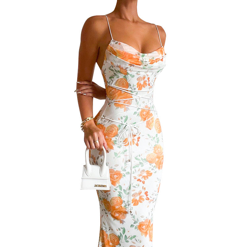 Temperament Waist-controlled Spaghetti-strap Floral Print Slim Fit Dress