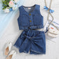 Ensemble deux pièces en jean pour fille, gilet et jupe-culotte à nœud