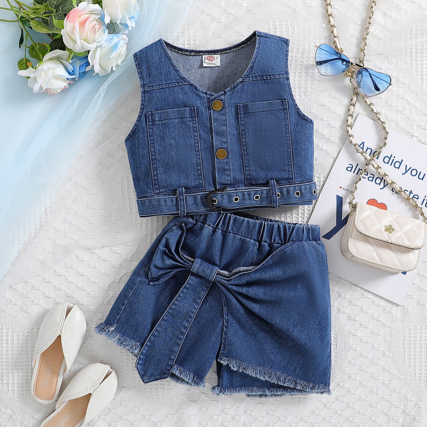 Ensemble deux pièces en jean pour fille, gilet et jupe-culotte à nœud