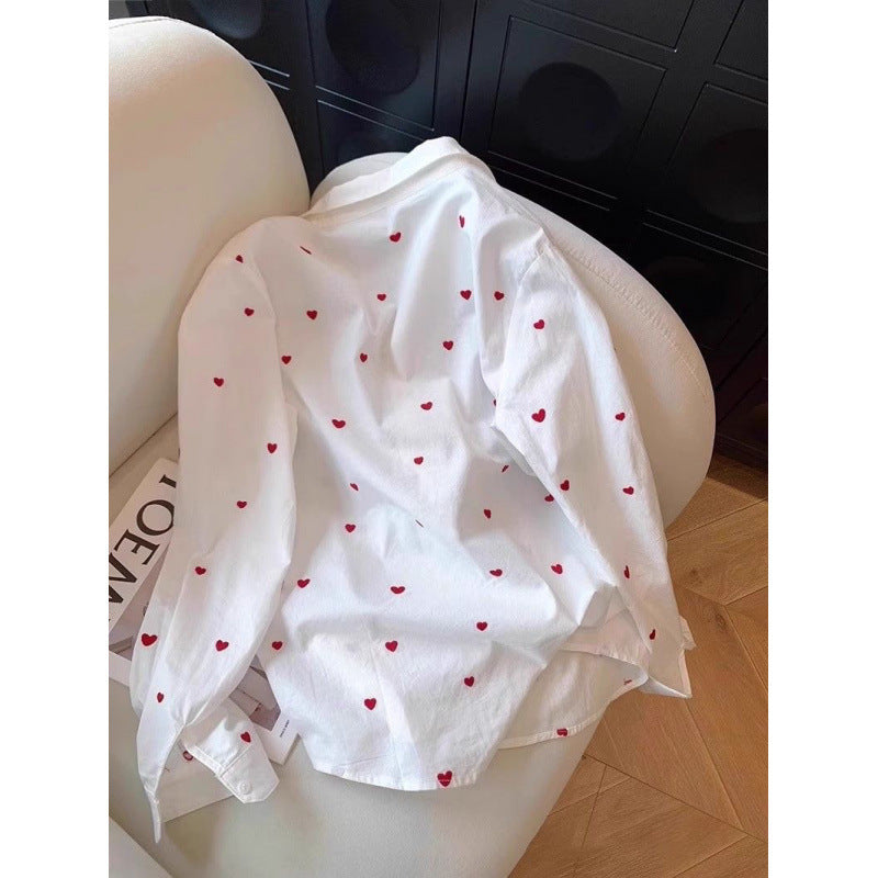 Love Full Print Lapel Long Sleeve Shirt Women