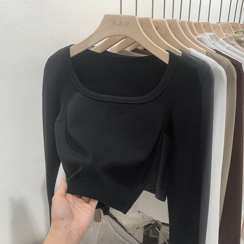 Solid Color Square Collar Bottoming Shirt Long Sleeve