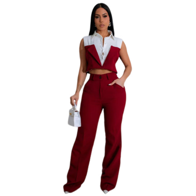 Vest Shirt Stitching Contrast Color Pocket Casual Trousers Two-piece Set