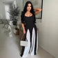Cutout Wide Leg Knitted Sling Stitching Contrast Color Jumpsuit