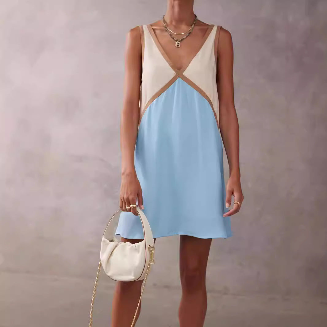 Women's V-neck Loose-fitting Sleeveless Shirt Color-matching Dress